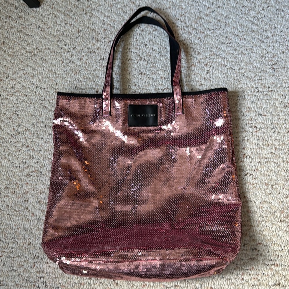 Victoria’s Secret Sequins Bag Tote Pink Black Lined Fashion Beach Purse rare vs
